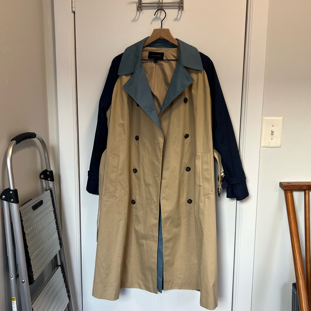 Ann Taylor color block blue and tan trench coat